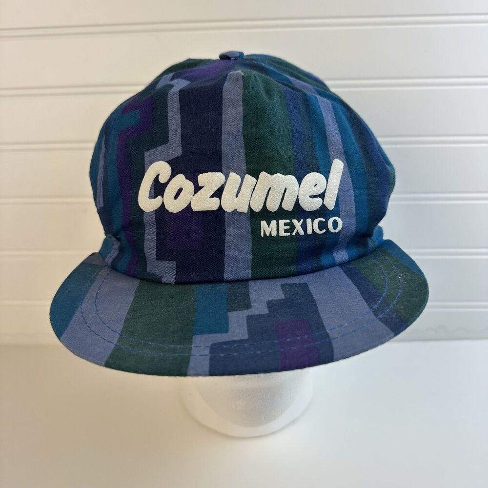 VINTAGE Cozumel Mexico All Over Print Puff Logo Flat Trucker Hat Cap Snapback
